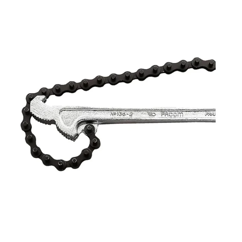 Facom Chain Wrench with 60 - 140 mm Jaw Capacity, 600 mm Overall Length, Metal Handle, Chrome Finish 136C.4