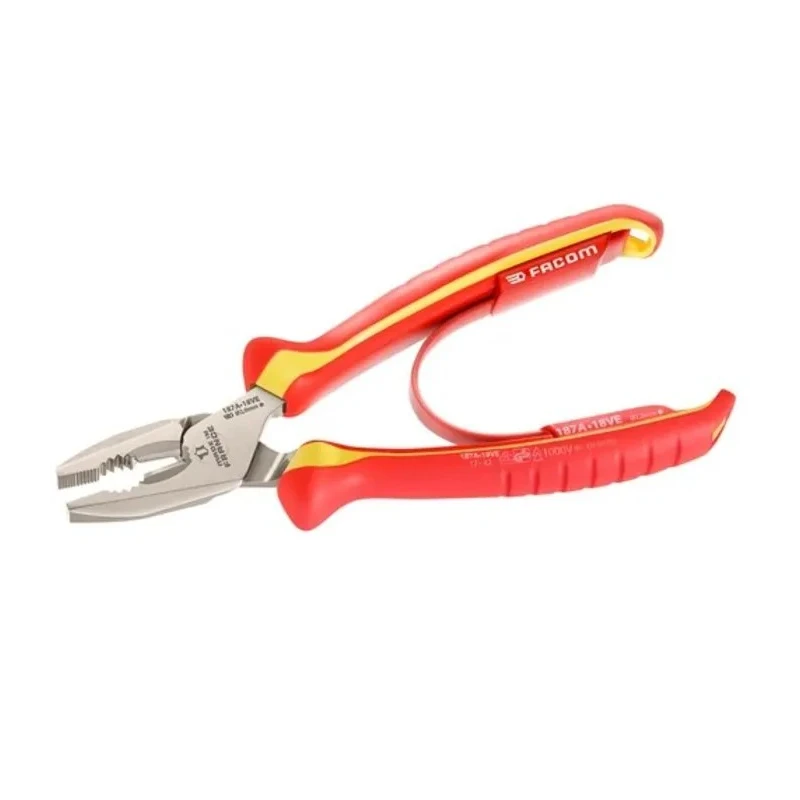Facom Combination Plier Serrated 185mm Overall Length, Bi-Material Ergonomic Grip, High Carbon Steel, Varnish 187A.18VE