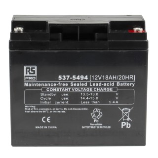 RS PRO 12 V Sealed Lead Acid Battery, AGM, 18 Ah Capacity, T12 Termination, 181.5mm Height x 167.5mm Width 537-5494