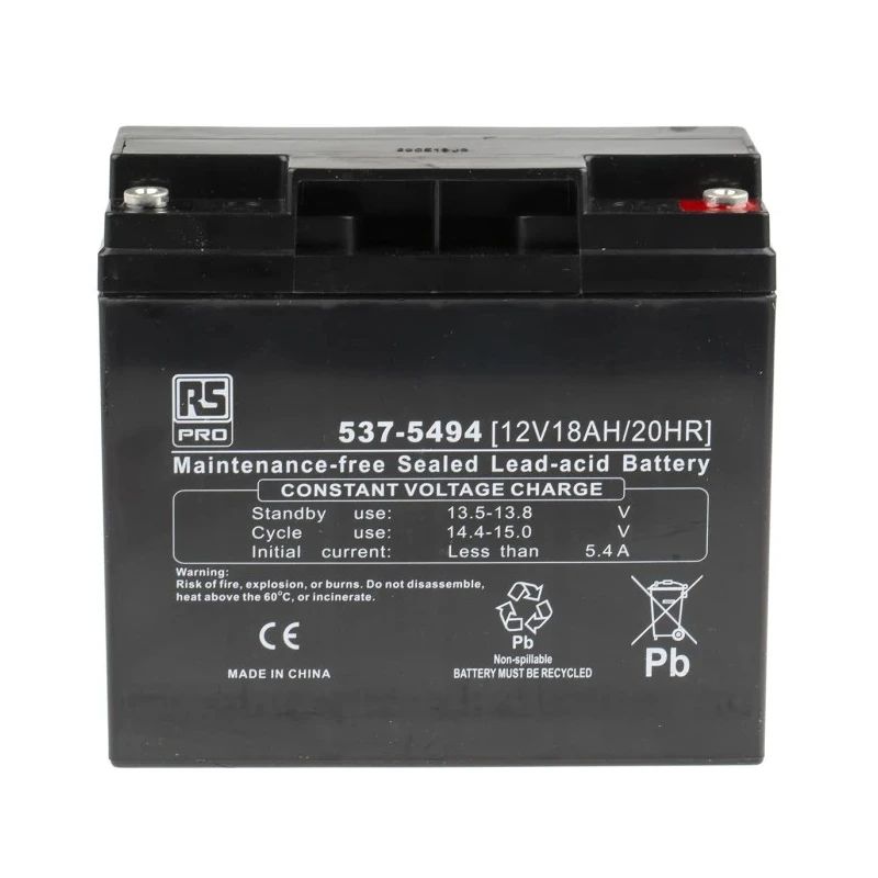 RS PRO 12 V Sealed Lead Acid Battery, AGM, 18 Ah Capacity, T12 Termination, 181.5mm Height x 167.5mm Width 537-5494