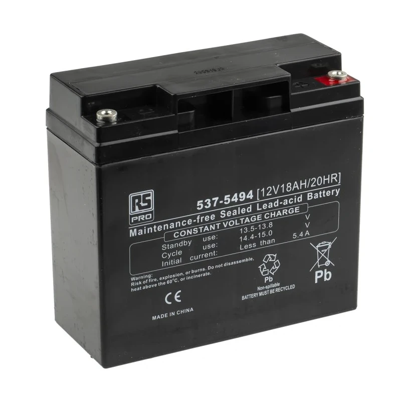 RS PRO 12 V Sealed Lead Acid Battery, AGM, 18 Ah Capacity, T12 Termination, 181.5mm Height x 167.5mm Width 537-5494