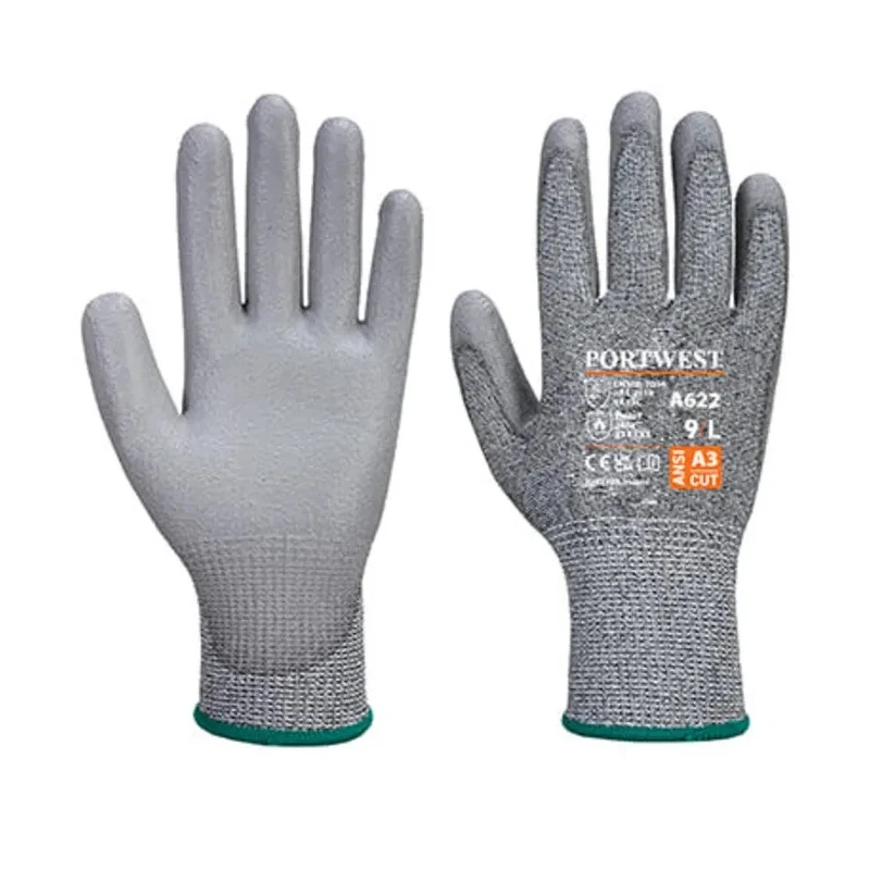 Portwest Grey Polyurethane Coated Gloves Size 7 Cut Resistant Palm Dipped A622G7RL