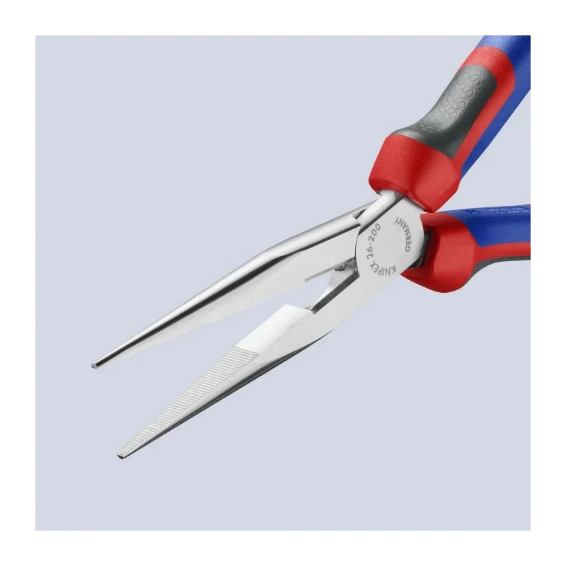 Knipex Long Nose Plier, Stork Beak, Comfort Grip, Vanadium Electric Steel, Chrome Finish, 200mm Length, 73mm Jaw 26 15 200