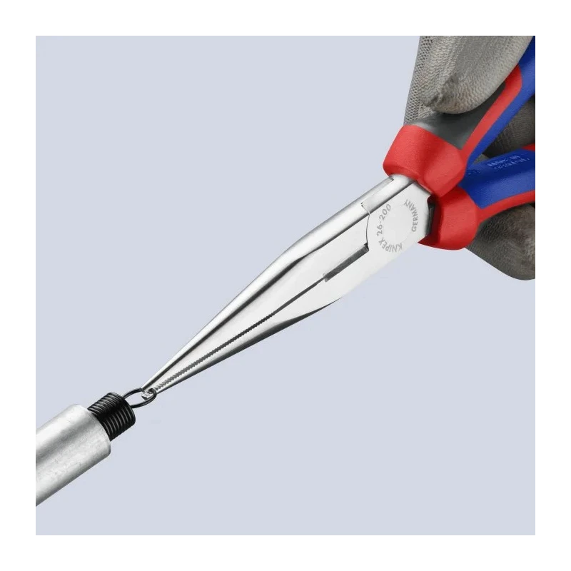 Knipex Long Nose Plier, Stork Beak, Comfort Grip, Vanadium Electric Steel, Chrome Finish, 200mm Length, 73mm Jaw 26 15 200