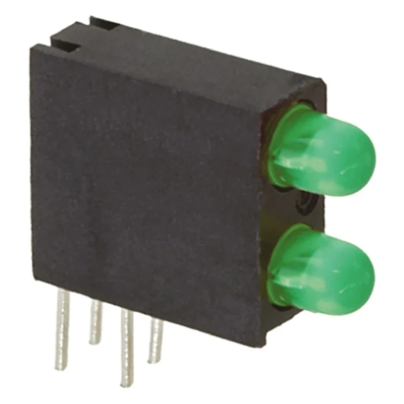 Dialight Green Right Angle PCB LED Indicator 5 mm (T-1 3/4), 2 LEDs 2.2 V Single Colour 553-0222F