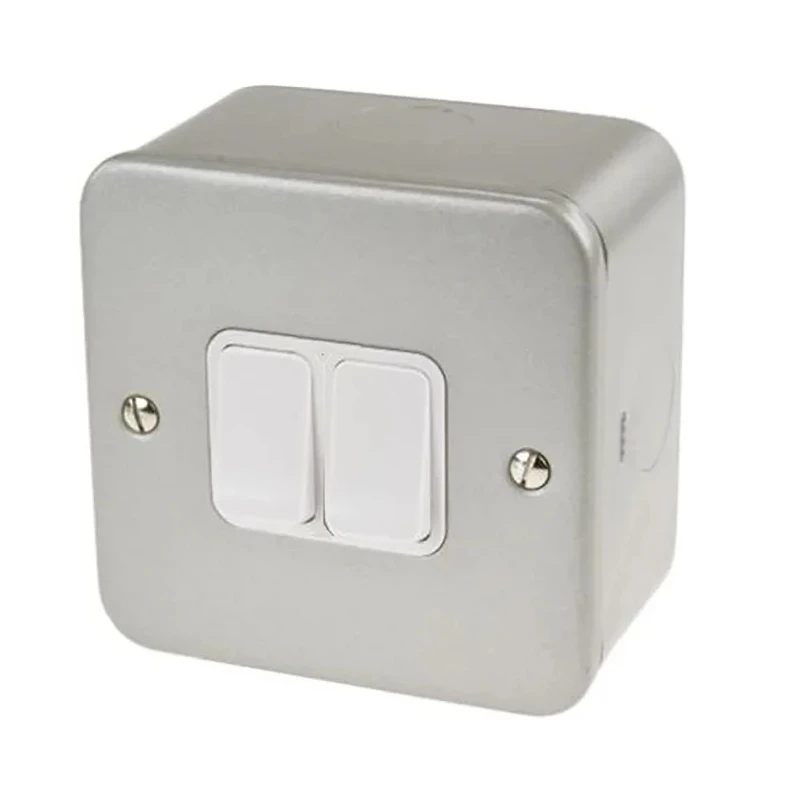 MK Electric Silver 2 Way 2 Gang Metal Clad Surface Light Switch 10A 250V K3592 ALM