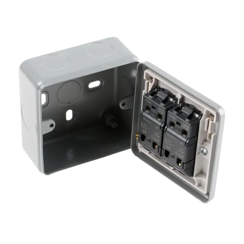 MK Electric Silver 2 Way 2 Gang Metal Clad Surface Light Switch 10A 250V K3592 ALM