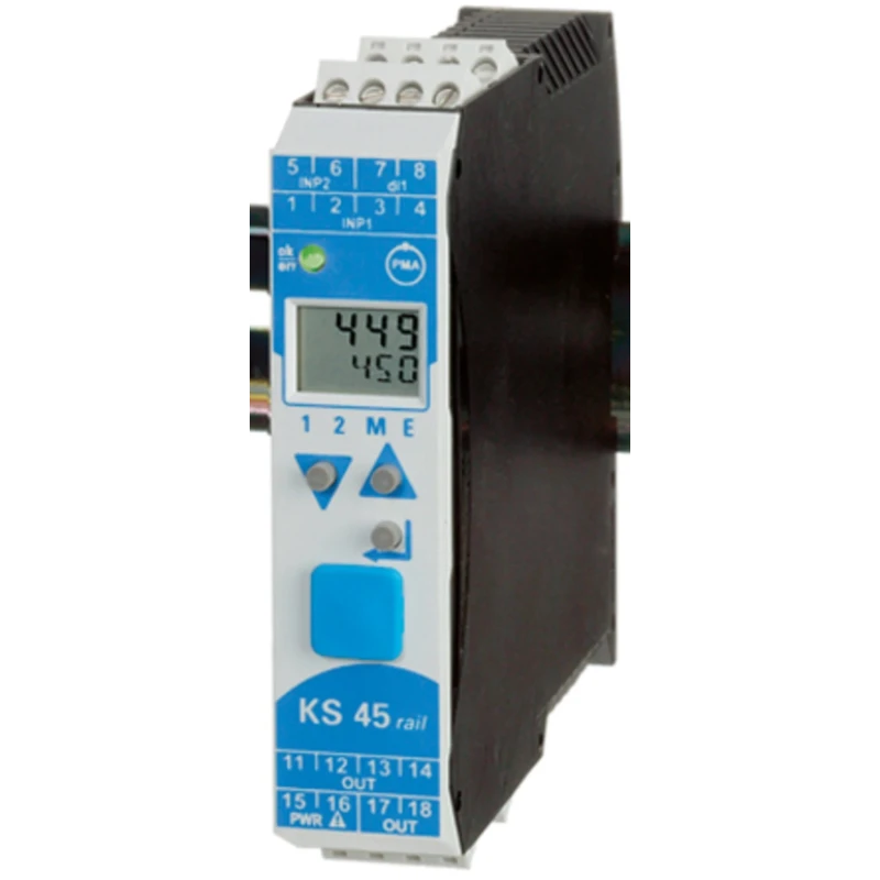 P.M.A KS45 Top Hat Rail, DIN Rail PID Temperature Controller 1 Input, 2 Output Relay 260V AC On-Off KS45