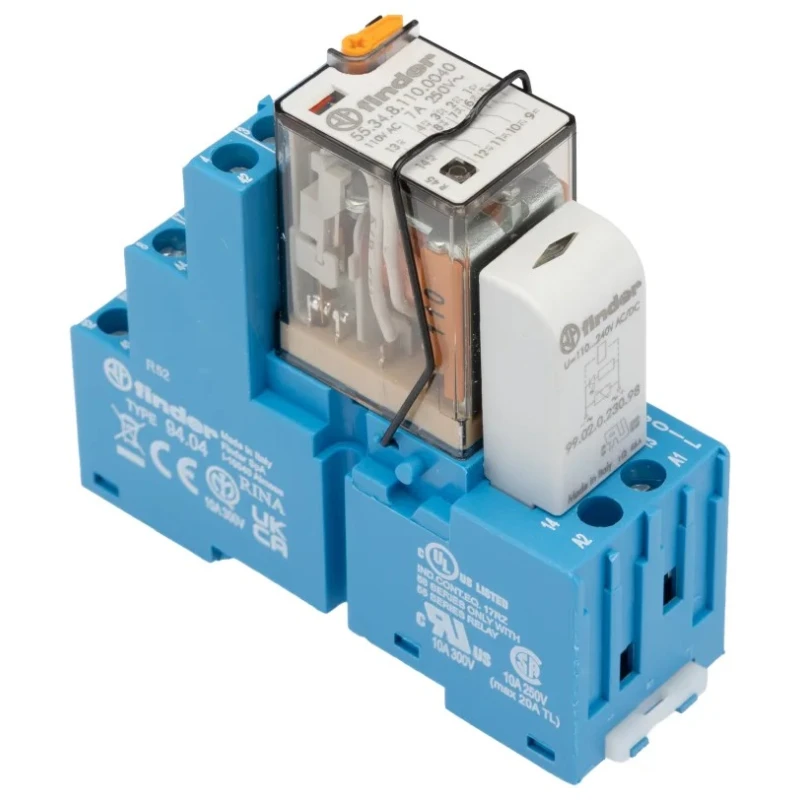 Finder 58 Series Interface Relay DIN Rail Mount 110V AC Coil 4PDT 12.5mA Coil Current 7A Switching 58.34.8.110.0060SMA