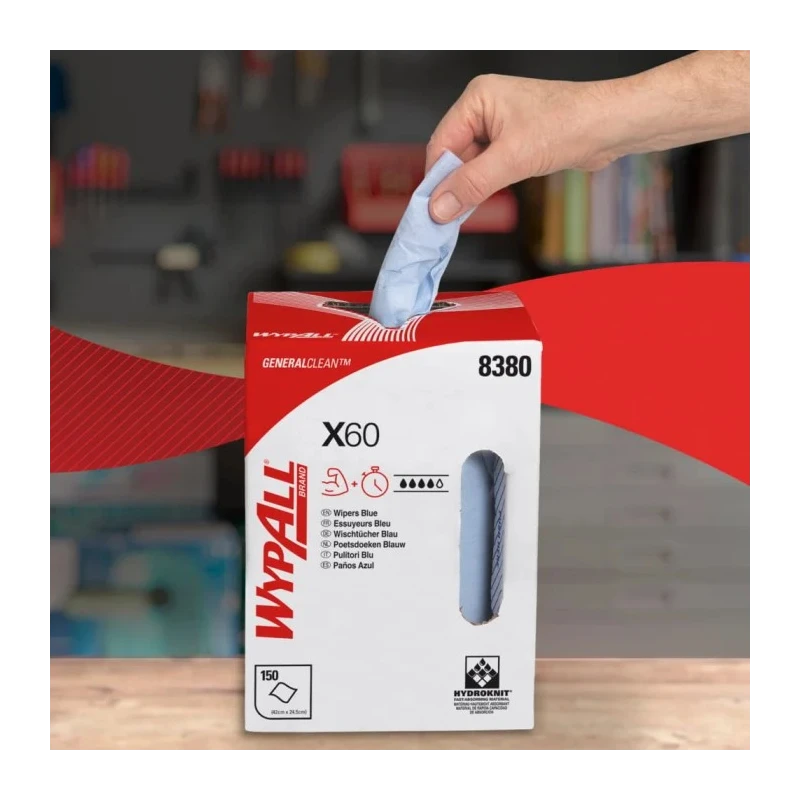 WYPALL X60 General Clean Wiping Paper Roll Blue Centrefeed Cleaning Wipes 1 Ply 150 Sheets 423x247 mm 8380