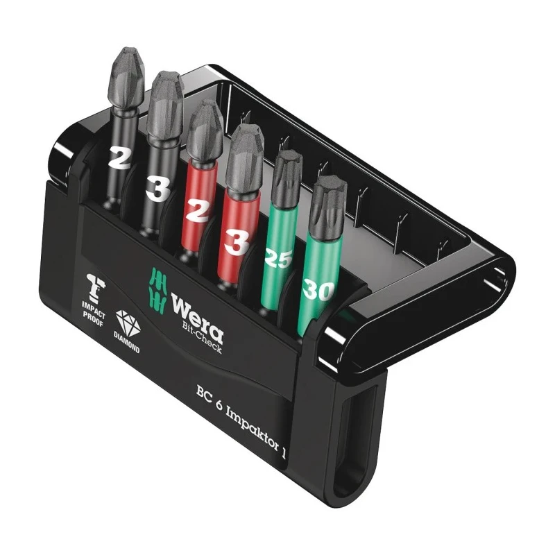 Wera Hex Impact Screwdriver Bit Set, 6 Pieces, Diamond Tipped, 50mm Length, 1/4 in Drive Size, Model 05057695001