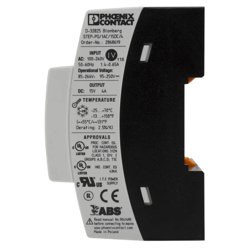 Phoenix Contact STEP POWER Switched Mode DIN Rail Power Supply 264V AC Input 16.5V DC, 4A Output, 60W, IP20, Germany 2868619