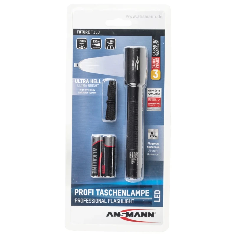 Ansmann LED Torch Black Aluminium Housing LED 150 lm Luminosity Spot Beam 150m IP54 2x AA Batteries 156mm 5816633