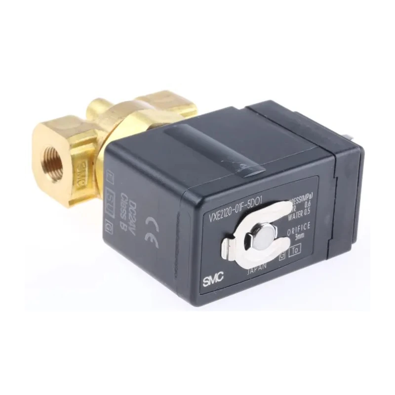 SMC Solenoid Valve 2 Port Normally Closed Brass Body 1/8 in Inlet Port 24V dc VXE2120-01F-5DO1
