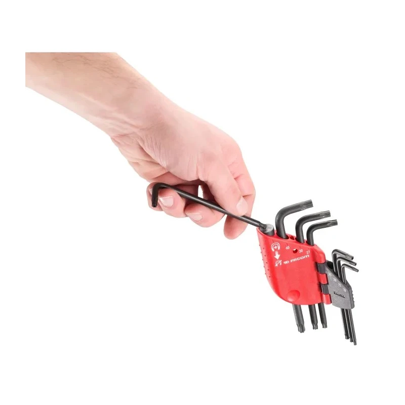 Facom 7-Piece Torx Key Set, L Shape, Long Arm Carbon Silicon Steel, Phosphate Finish 89SR.J7PB