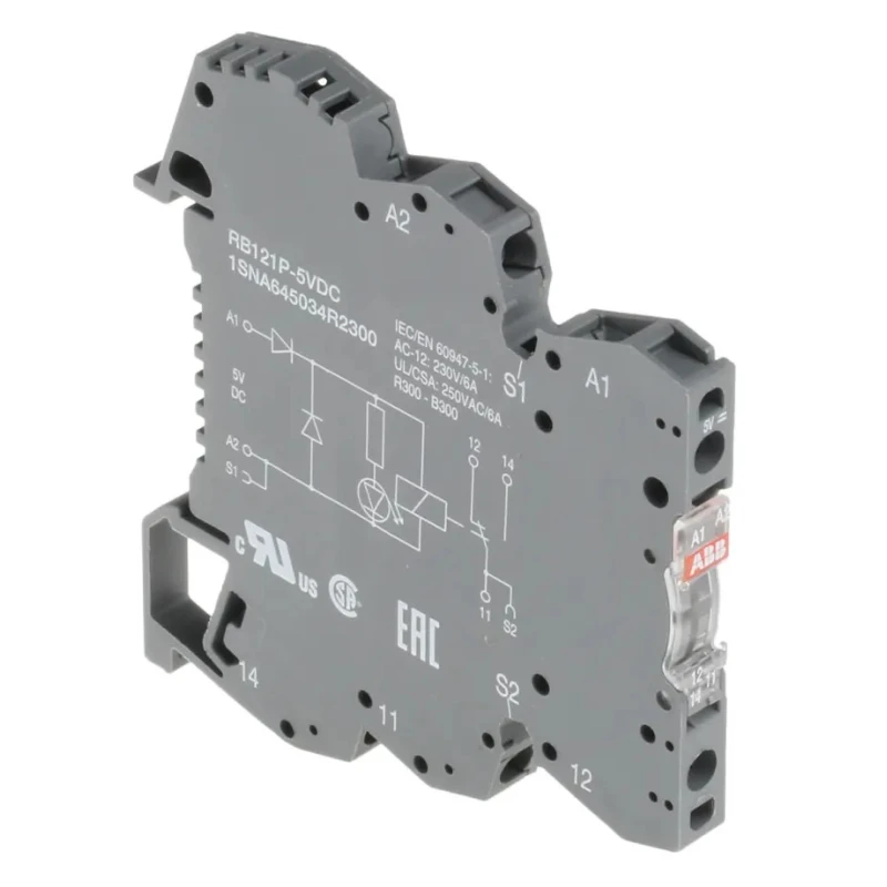 ABB R600 Series Electromechanical Interface Relay, DIN Rail Mount, 5V dc Coil, SPDT, 6A 1SNA645034R2300 RB121P-5VDC