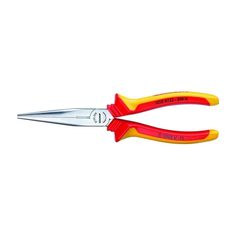 Gedore VDE 8132-200 H Long Nose Plier Long, Flat-Round 200mm Overall, Stainless Steel, Chrome Finish, VDE/1000V Approved