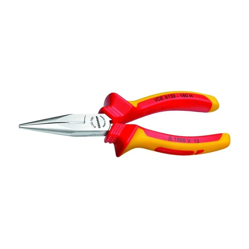 Gedore VDE 8132-200 H Long Nose Plier Long, Flat-Round 200mm Overall, Stainless Steel, Chrome Finish, VDE/1000V Approved