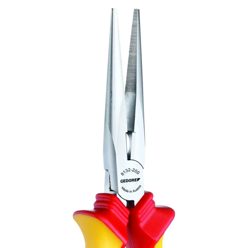 Gedore VDE 8132-200 H Long Nose Plier Long, Flat-Round 200mm Overall, Stainless Steel, Chrome Finish, VDE/1000V Approved