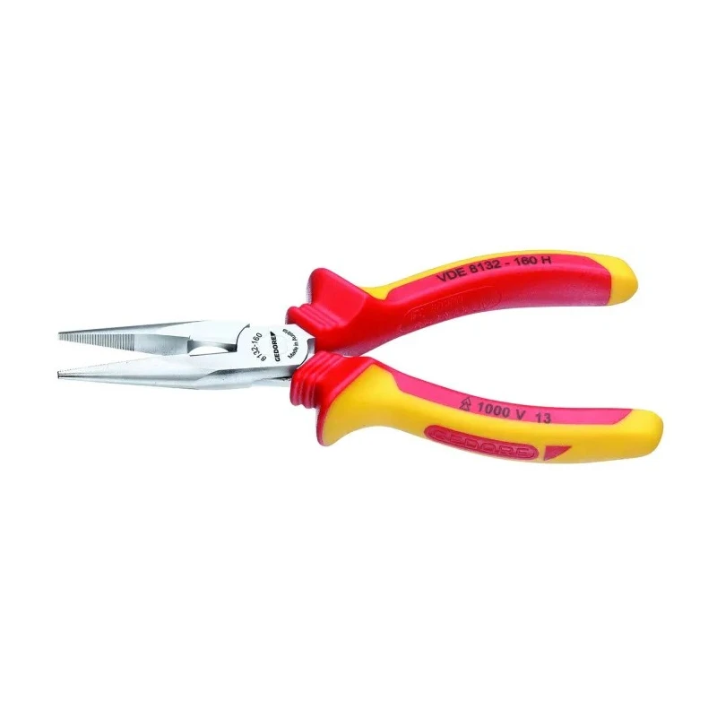 Gedore VDE 8132-200 H Long Nose Plier Long, Flat-Round 200mm Overall, Stainless Steel, Chrome Finish, VDE/1000V Approved