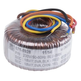 RS PRO 230 V AC Toroidal Transformer 2 x 18 V 15 VA VDE0570 Class II IEC61558 Class II EN61558 Class II 671-8928