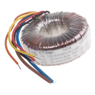 RS PRO Toroidal Transformer 230 V AC 2 x 15 V AC 2 Output 80 VA Copper Conductor 50-60 Hz 671-8987