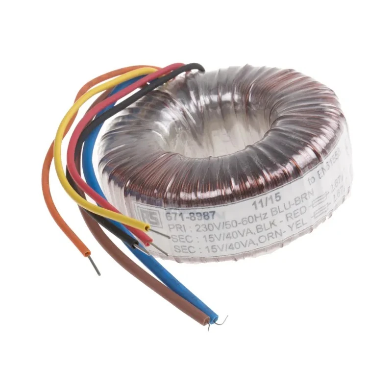 RS PRO Toroidal Transformer 230 V AC 2 x 15 V AC 2 Output 80 VA Copper Conductor 50-60 Hz 671-8987