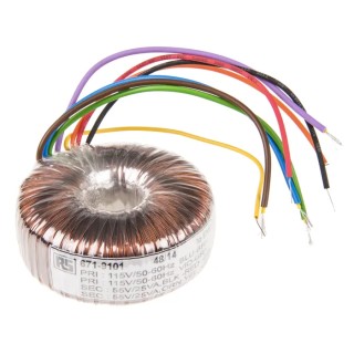 RS PRO Toroidal Transformer 230 V AC 2 x 55 V AC 2 Output 50 VA 455mA Copper Conductor Termination Wire 671-9101