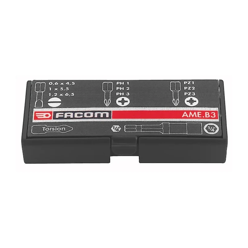 Facom Screwdriver Bit Set, 9 Pieces, Flat, Phillips, Pozidriv, 25 mm Length AME.B3
