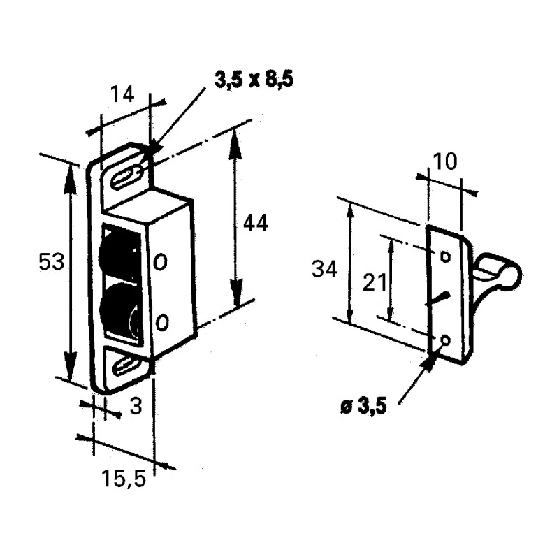 Pinet Plastic Roller Catch 16-1-3594, Catch Fixing Hole Distance 44mm, Length 53.0mm, Width 14.0mm 16-1-3594