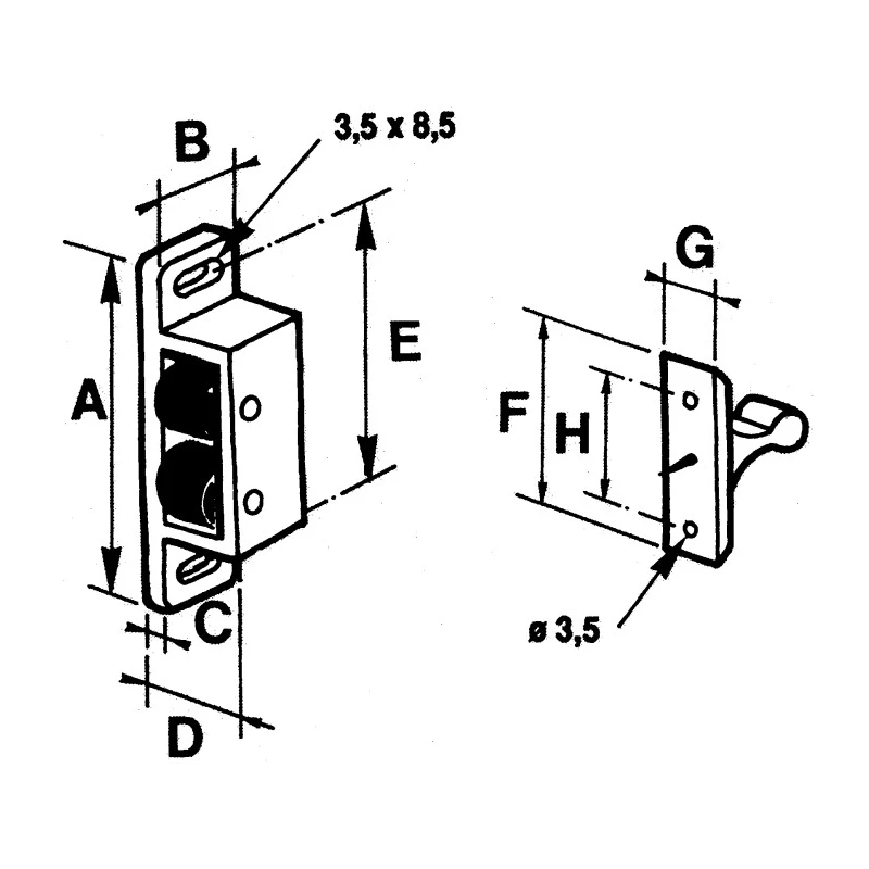 Pinet Plastic Roller Catch 16-1-3594, Catch Fixing Hole Distance 44mm, Length 53.0mm, Width 14.0mm 16-1-3594