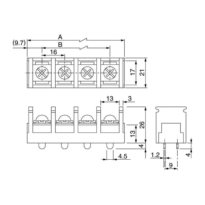 Osada Barrier Strip, 3 Contact, 9 mm Pitch, 2 Row, 600V, 100A OTB-910B-3P
