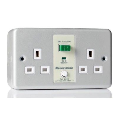 RS PRO 13A Passive 2 RCD Socket Metalclad Surface Mounted BS Standard 230V ac Grey Gloss 687-7320