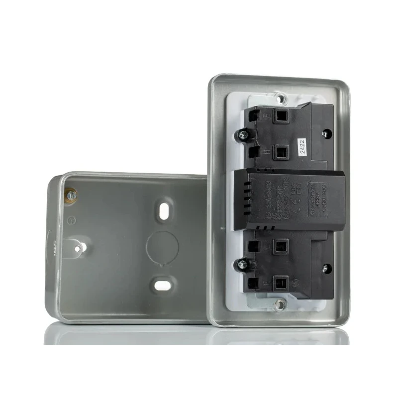 RS PRO 13A Passive 2 RCD Socket Metalclad Surface Mounted BS Standard 230V ac Grey Gloss 687-7320