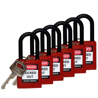 Brady Red Nylon Safety Padlock, 6.35 mm Shackle Diameter, 38.1 mm Shackle Length 813594
