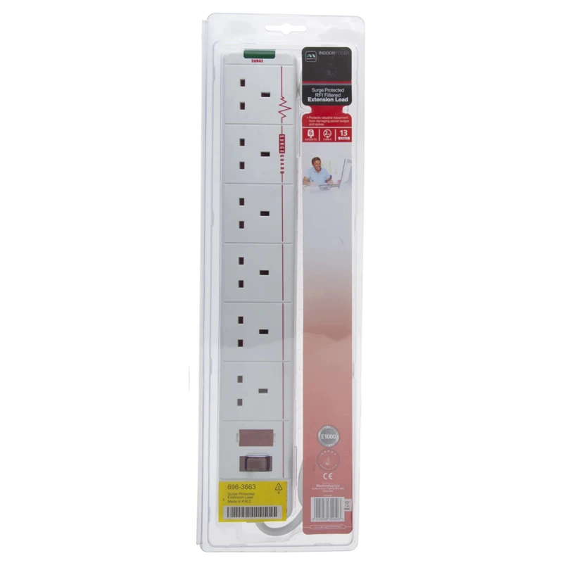RS PRO 2 m 6 Socket Type G Extension Lead Power Strip with Surge Protection 696-3663