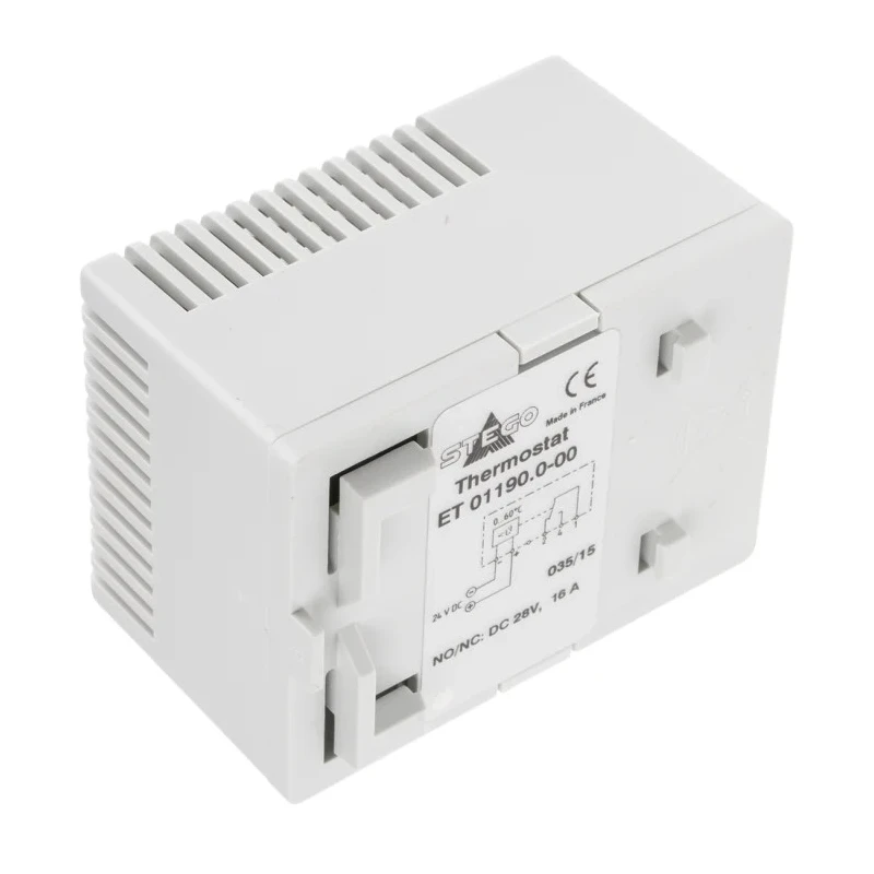 STEGO Enclosure Thermostat, Mechanical, 16 A Contact Current, 24V DC Supply Voltage, Temperature Range 0 to +60 01190.0-00
