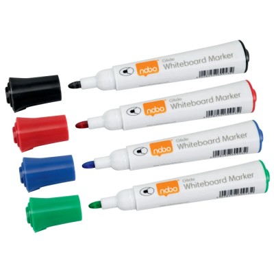 Nobo White Board Marker, Assorted Colours, 3 mm Bullet Tip, Pack of 4 1902096