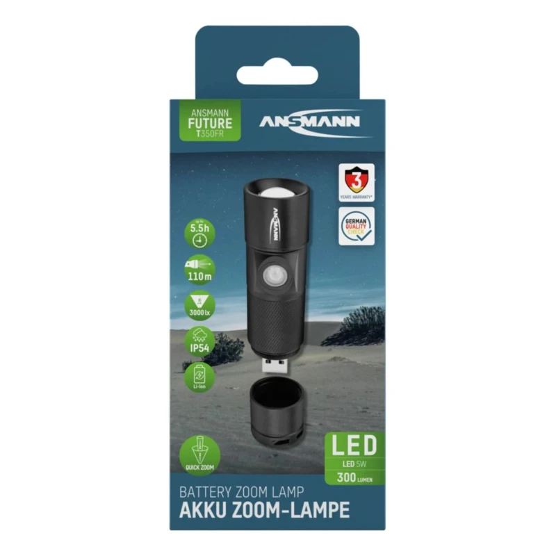 Ansmann Black Aluminium LED Torch Rechargeable 300 lm, USB Charging, IP54, 98.5 mm 1600-0247