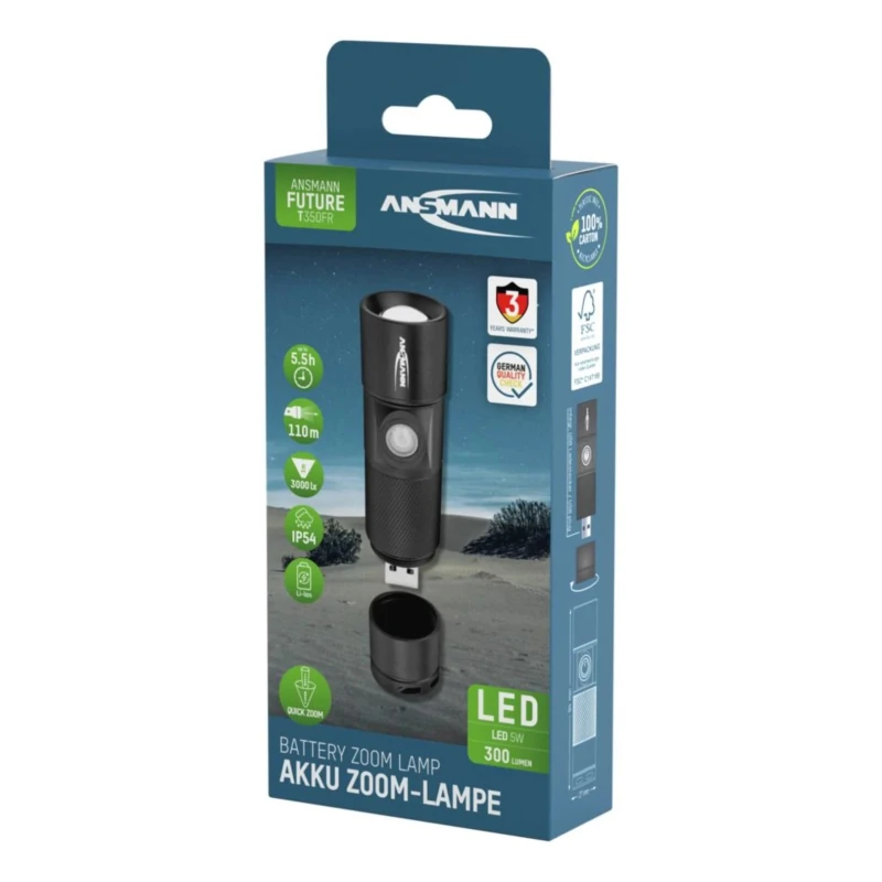 Ansmann Black Aluminium LED Torch Rechargeable 300 lm, USB Charging, IP54, 98.5 mm 1600-0247