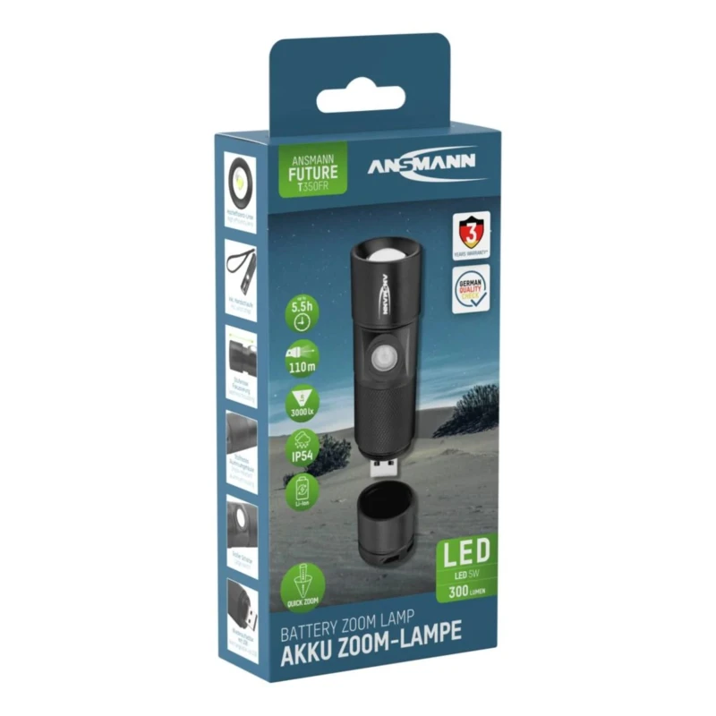 Ansmann Black Aluminium LED Torch Rechargeable 300 lm, USB Charging, IP54, 98.5 mm 1600-0247