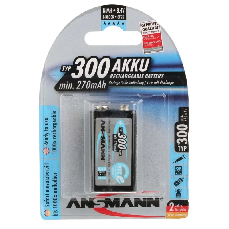 Ansmann 9V Rechargeable Nickel Metal Hydride Battery 300mAh Capacity 5035453