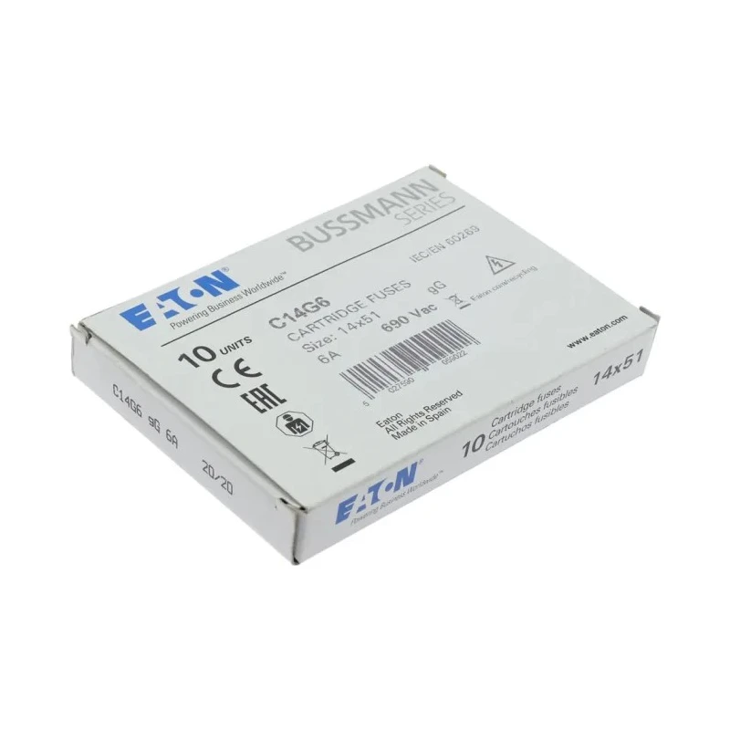 Eaton Ceramic Cartridge Fuse, 6A Current, 690V AC, 14 x 51 mm, gG Classification, Bussmann Series C14G6