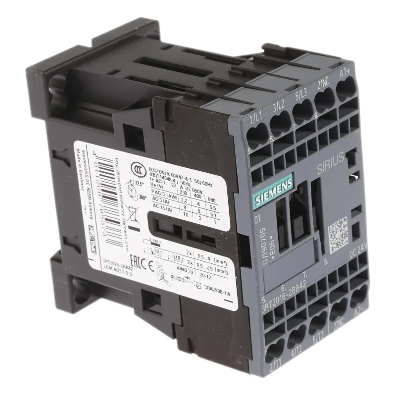 Siemens Size S00, 3RT2 Contactor, 24V DC Coil, 3-Pole, 9 A Current, 4 kW Power, 3 NO Contacts, 400V AC 3RT2016-2BB42