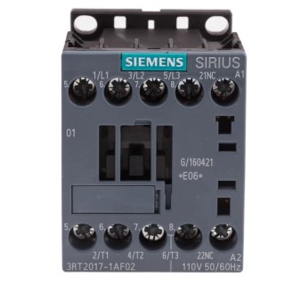 Siemens Motor Control Contactor 3RT2017-1AF02 110V AC Coil, 3-Pole, 12 A, 5.5 kW, 3 NO Auxiliary Contacts, 400V AC