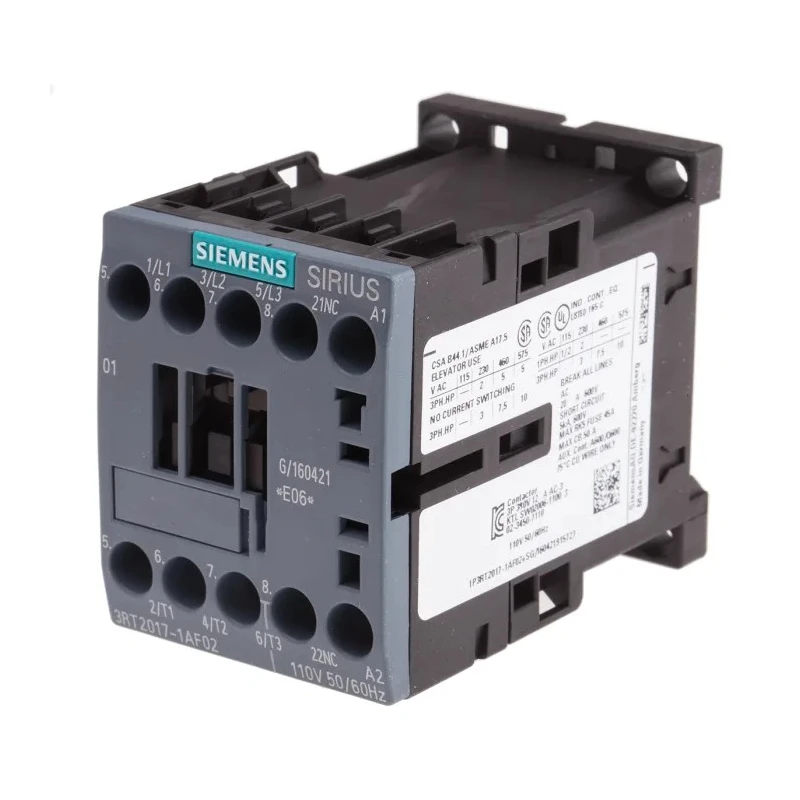 Siemens Motor Control Contactor 3RT2017-1AF02 110V AC Coil, 3-Pole, 12 A, 5.5 kW, 3 NO Auxiliary Contacts, 400V AC
