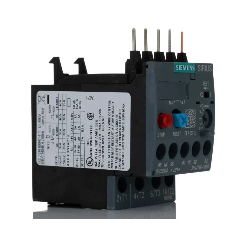 Siemens SIRIUS 3RU2 Thermal Overload Relay 1 NO/1 NC, Adjustable Current 4.5 to 6.3A, 6.3A Contact Rating, 2.2 3RU2116-1GB0