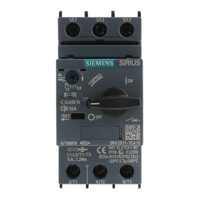 Siemens Motor Protection Circuit Breaker 2.8A to 4 A, 3 Poles, Magnetic Sensing, 690V, IP20, -20°C to 60°C 3RV2011-1EA10