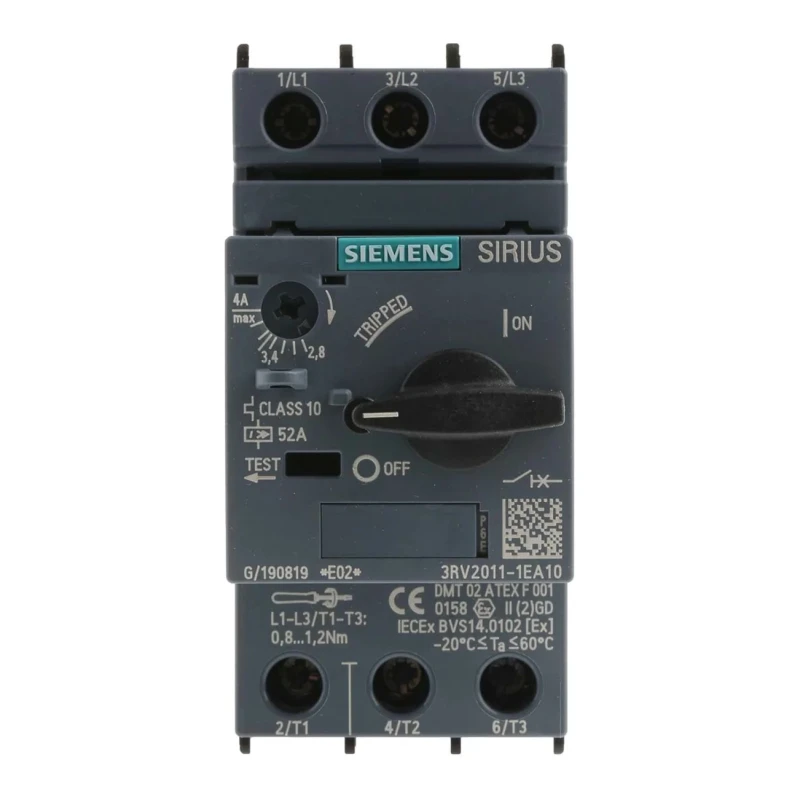 Siemens Motor Protection Circuit Breaker 2.8A to 4 A, 3 Poles, Magnetic Sensing, 690V, IP20, -20°C to 60°C 3RV2011-1EA10