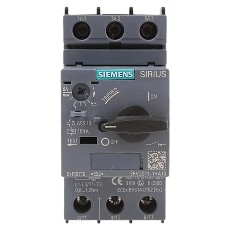 Siemens Motor Protection Circuit Breaker 5.5A, 8A, 690V, Magnetic Sensing, 3 Poles 3RV2011-1HA10